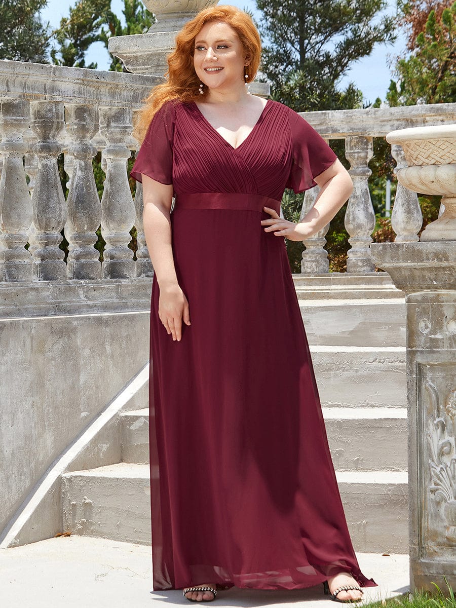 Plus Size Long Empire Waist Evening Dress With Short Flutter Sleeves #color_Burgundy