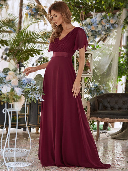 Long Chiffon Empire Waist Bridesmaid Dress with Short Flutter Sleeves #color_Burgundy