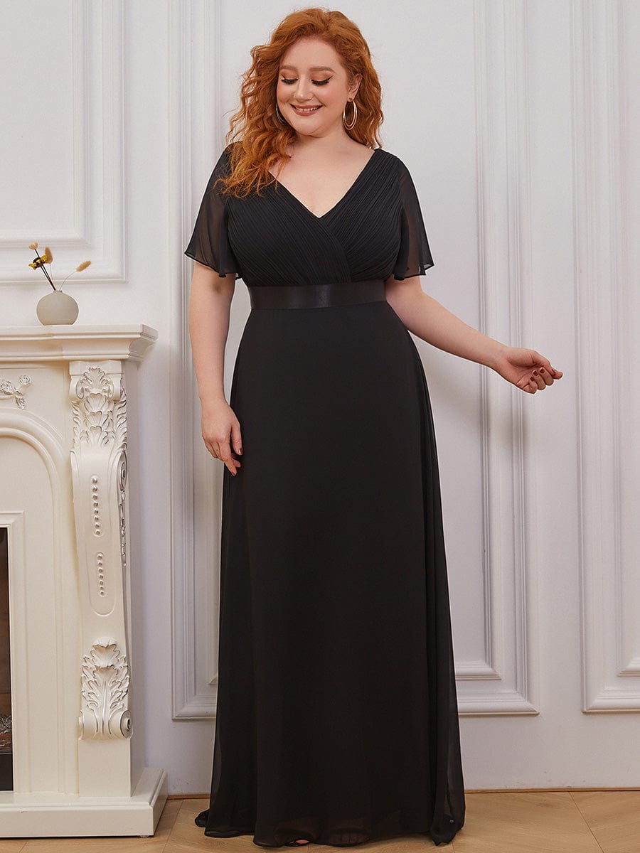 Plus Size Long Empire Waist Evening Dress With Short Flutter Sleeves #color_Black