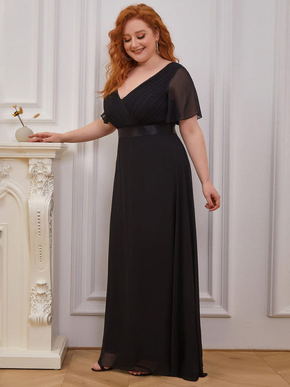 Plus Size Long Empire Waist Evening Dress With Short Flutter Sleeves #color_Black