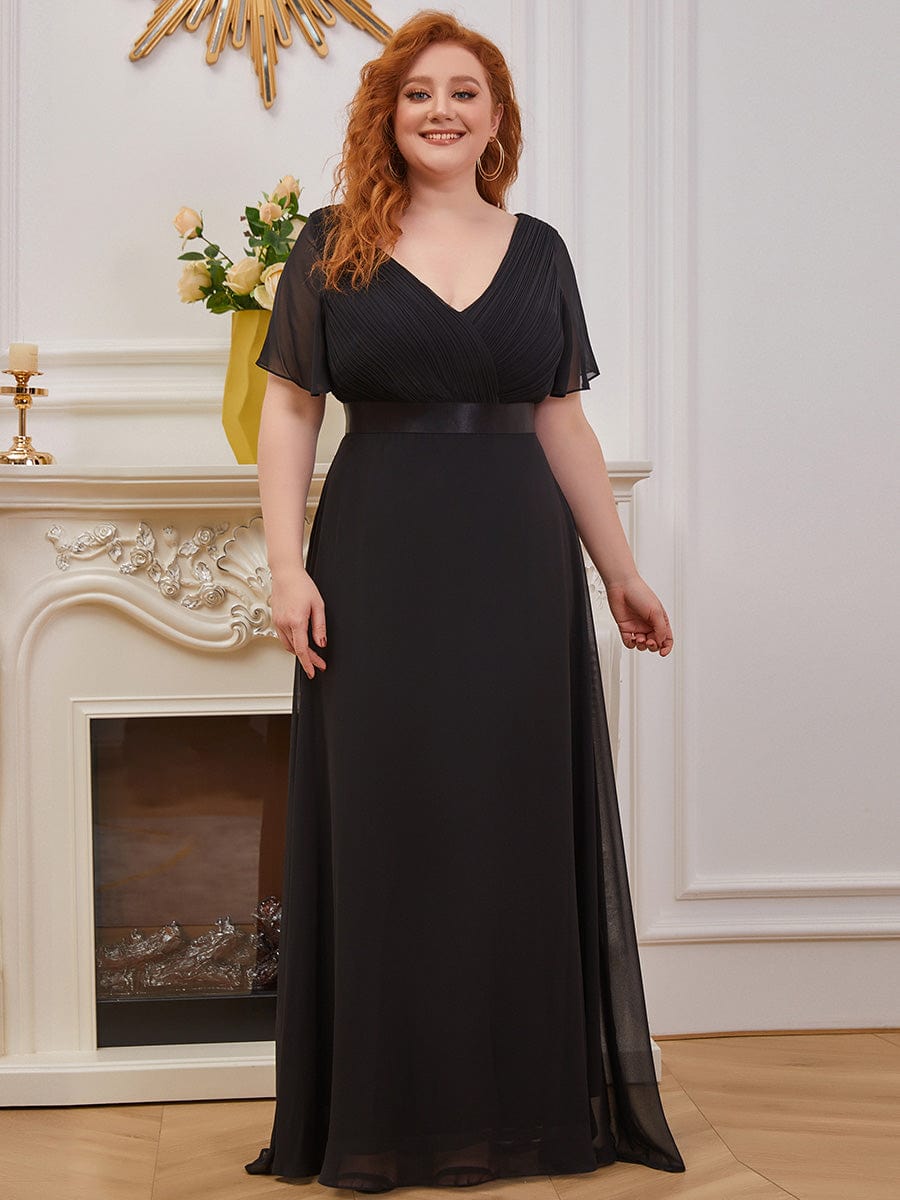 Plus Size Long Empire Waist Evening Dress With Short Flutter Sleeves #color_Black