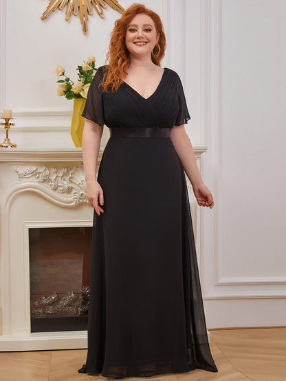 Plus Size Long Empire Waist Evening Dress With Short Flutter Sleeves #color_Black