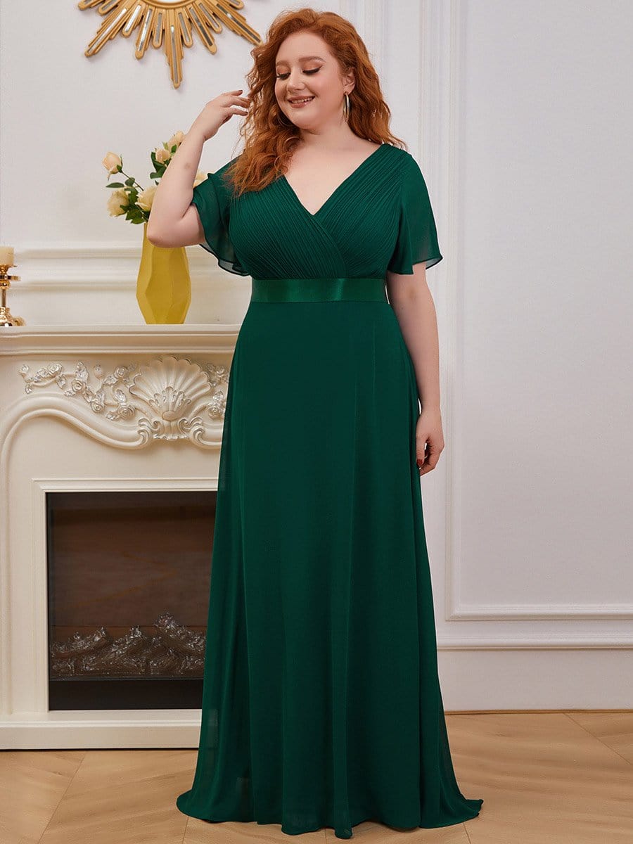 Long Chiffon Empire Waist Bridesmaid Dress with Short Flutter Sleeves #color_Dark Green