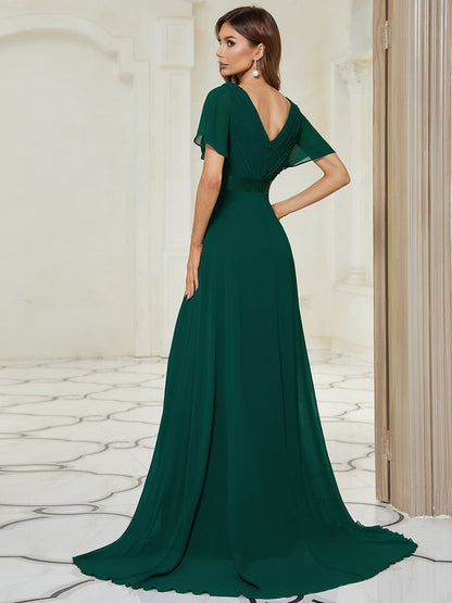 Long Chiffon Empire Waist Bridesmaid Dress with Short Flutter Sleeves #color_Dark Green