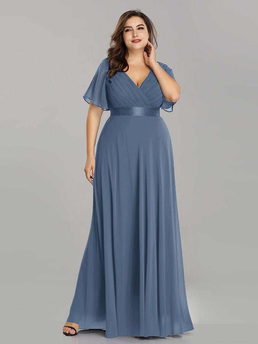 Long Chiffon Empire Waist Bridesmaid Dress with Short Flutter Sleeves #color_Dusty Navy