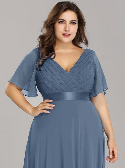 Plus Size Long Empire Waist Evening Dress With Short Flutter Sleeves #color_Dusty Navy