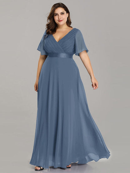 Plus Size Long Empire Waist Evening Dress With Short Flutter Sleeves #color_Dusty Navy