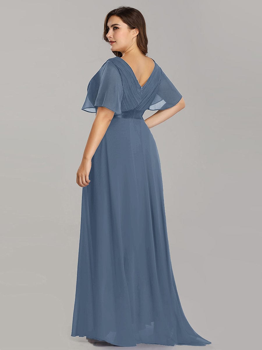 Plus Size Long Empire Waist Evening Dress With Short Flutter Sleeves #color_Dusty Navy