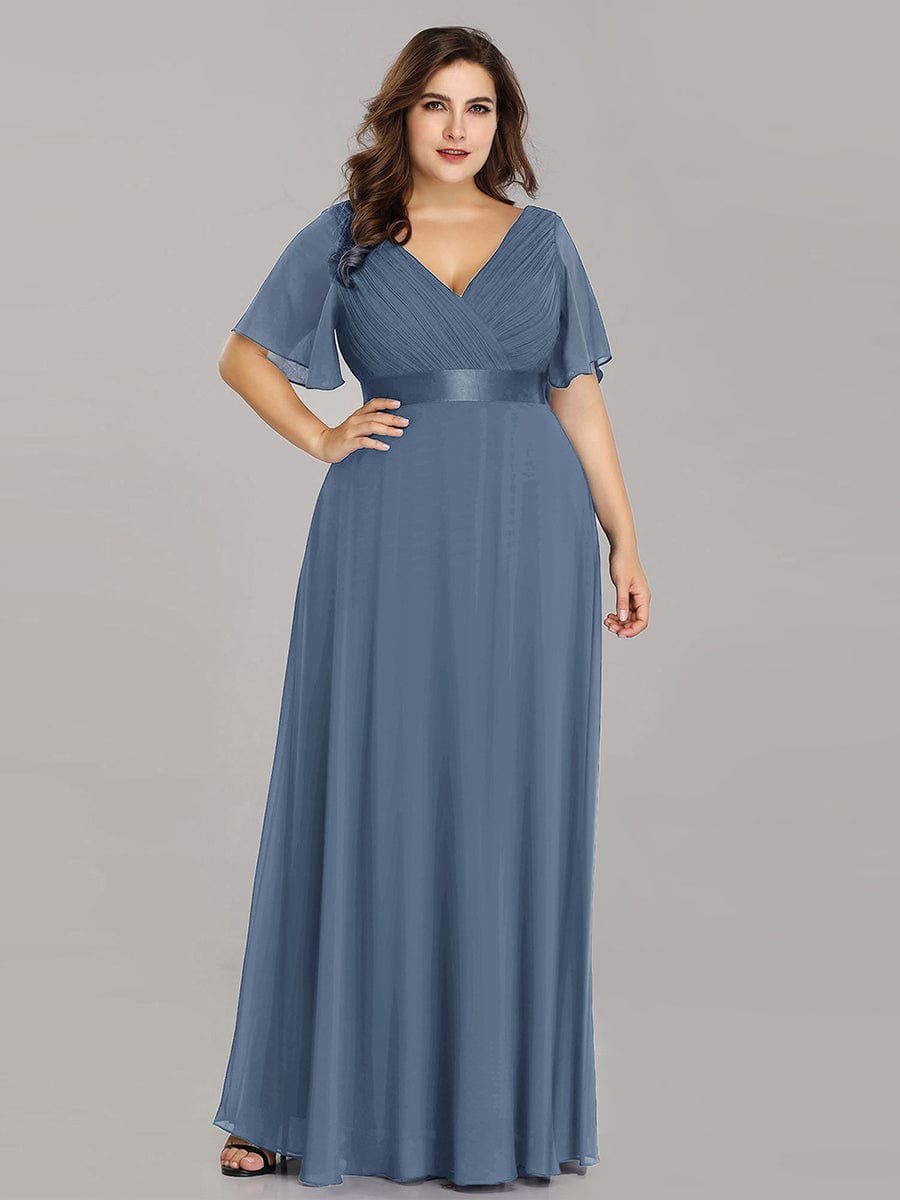 Plus Size Long Empire Waist Evening Dress With Short Flutter Sleeves #color_Dusty Navy