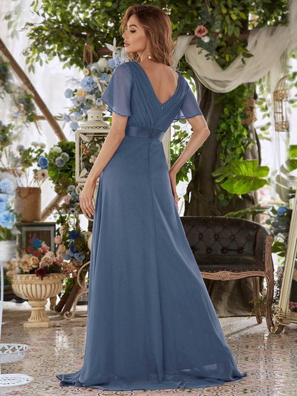 Long Chiffon Empire Waist Bridesmaid Dress with Short Flutter Sleeves #color_Dusty Navy