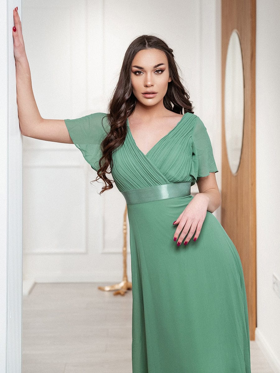 Long Chiffon Empire Waist Bridesmaid Dress with Short Flutter Sleeves #color_Green Bean