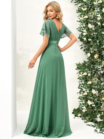 Long Chiffon Empire Waist Bridesmaid Dress with Short Flutter Sleeves #color_Green Bean