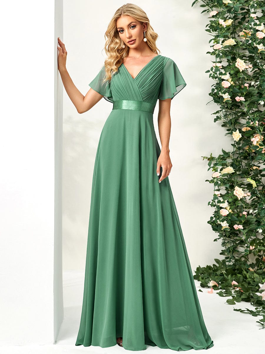 Long Chiffon Empire Waist Bridesmaid Dress with Short Flutter Sleeves #color_Green Bean