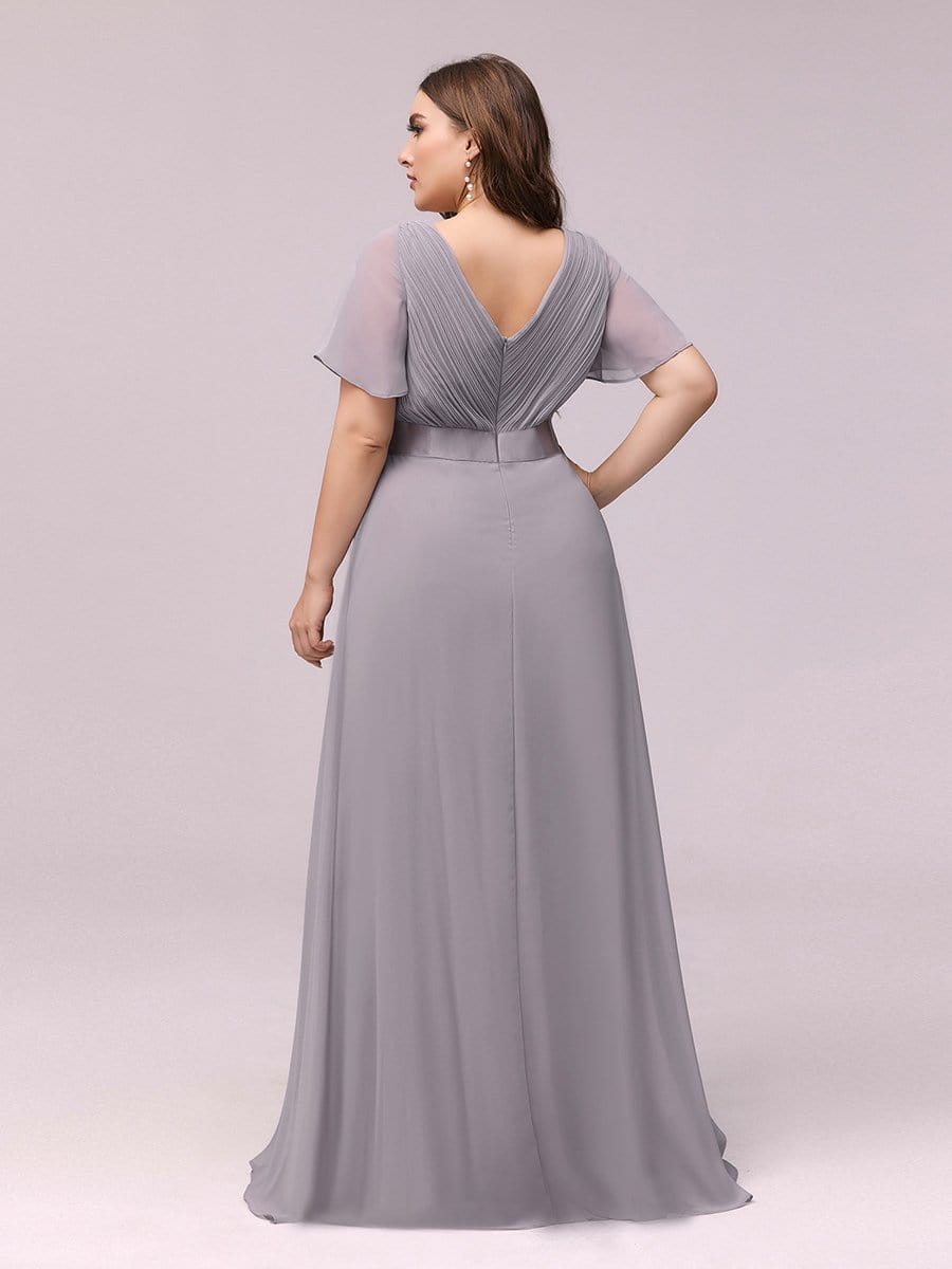 Long Chiffon Empire Waist Bridesmaid Dress with Short Flutter Sleeves #color_Grey