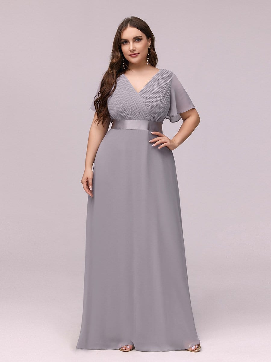 Long Chiffon Empire Waist Bridesmaid Dress with Short Flutter Sleeves #color_Grey