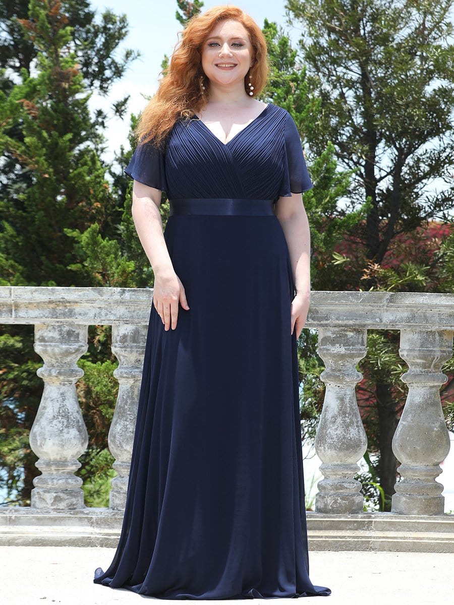 Long Chiffon Empire Waist Bridesmaid Dress with Short Flutter Sleeves #color_Navy Blue