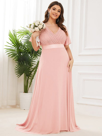 Plus Size Long Empire Waist Evening Dress With Short Flutter Sleeves #color_Pink