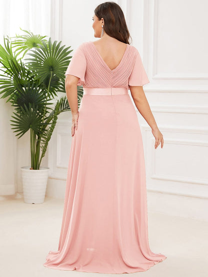 Plus Size Long Empire Waist Evening Dress With Short Flutter Sleeves #color_Pink