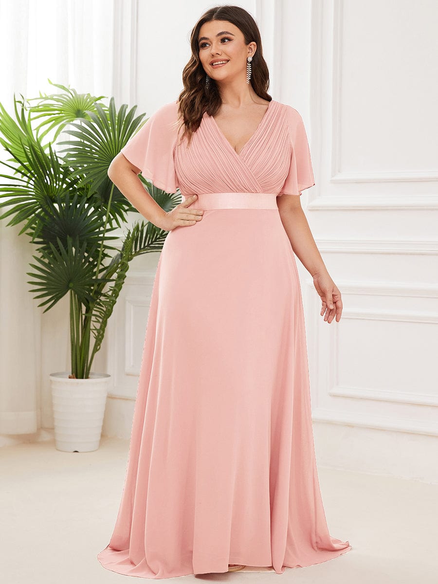 Plus Size Long Empire Waist Evening Dress With Short Flutter Sleeves #color_Pink