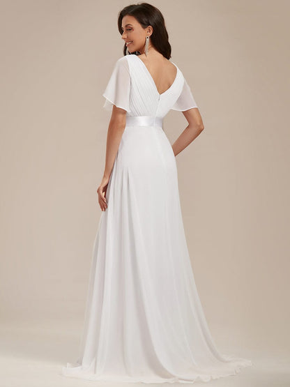 Long Chiffon Empire Waist Bridesmaid Dress with Short Flutter Sleeves #color_White