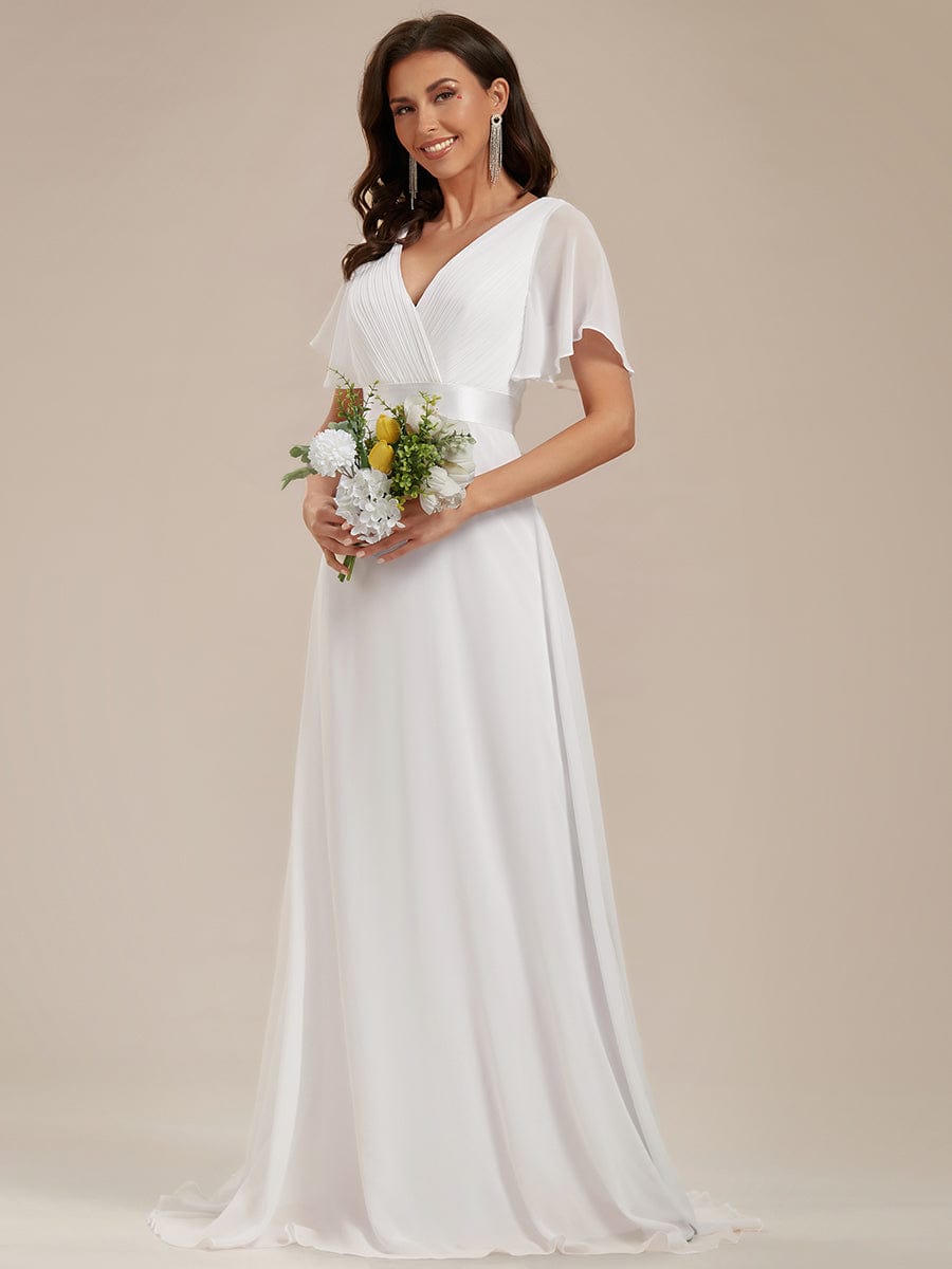 Long Chiffon Empire Waist Bridesmaid Dress with Short Flutter Sleeves #color_White