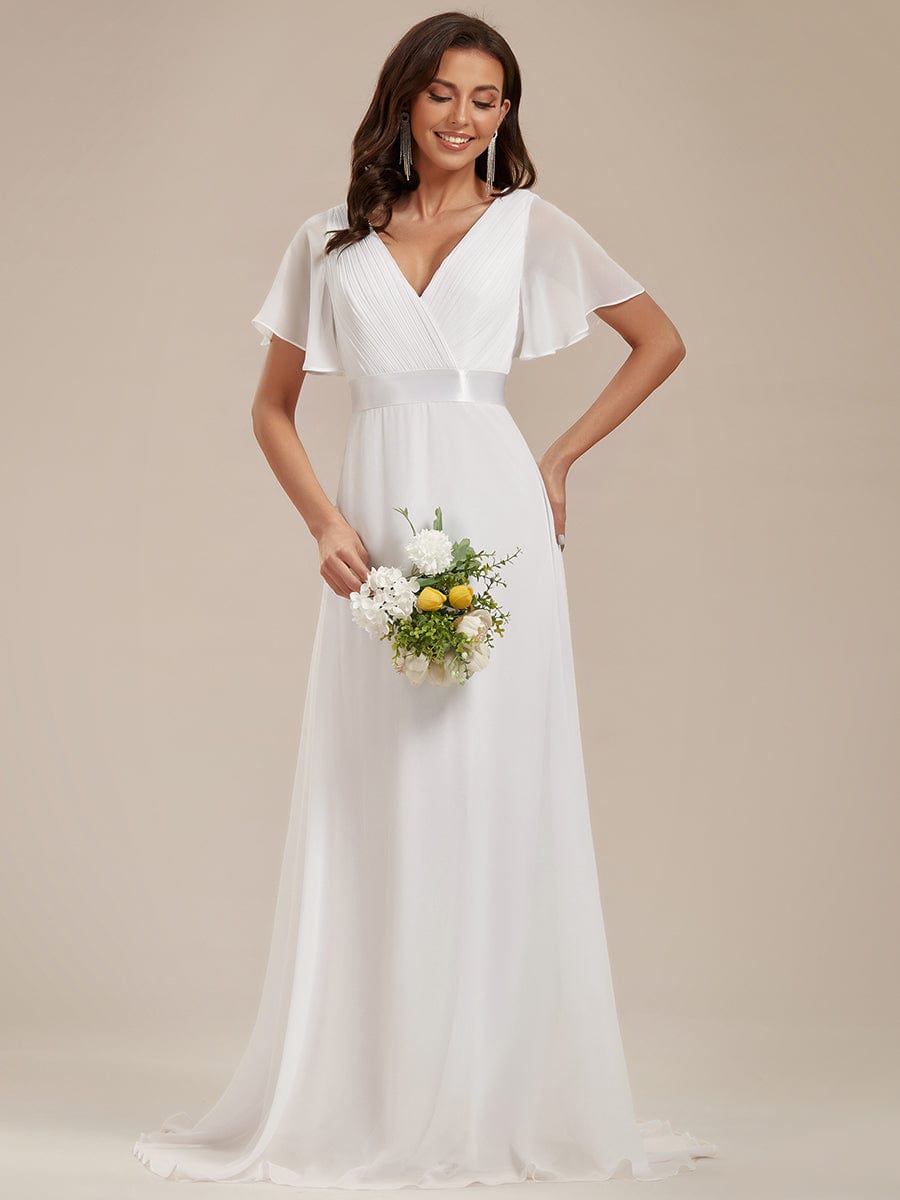 Long Chiffon Empire Waist Bridesmaid Dress with Short Flutter Sleeves #color_White