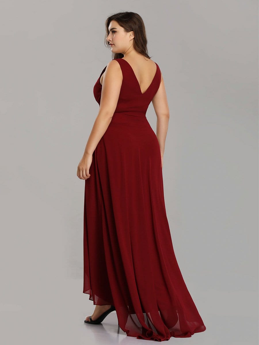 V-Neck High-Low Chiffon Evening Party Dress #color_Burgundy