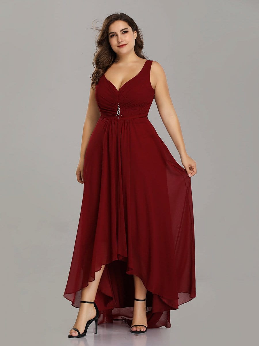 V-Neck High-Low Chiffon Evening Party Dress #color_Burgundy