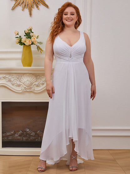 V-Neck High-Low Chiffon Evening Party Dress #color_White