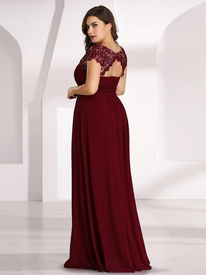 Elegant Lace Cap Sleeve Maxi Long Chiffon Bridesmaid Dress #color_Burgundy 