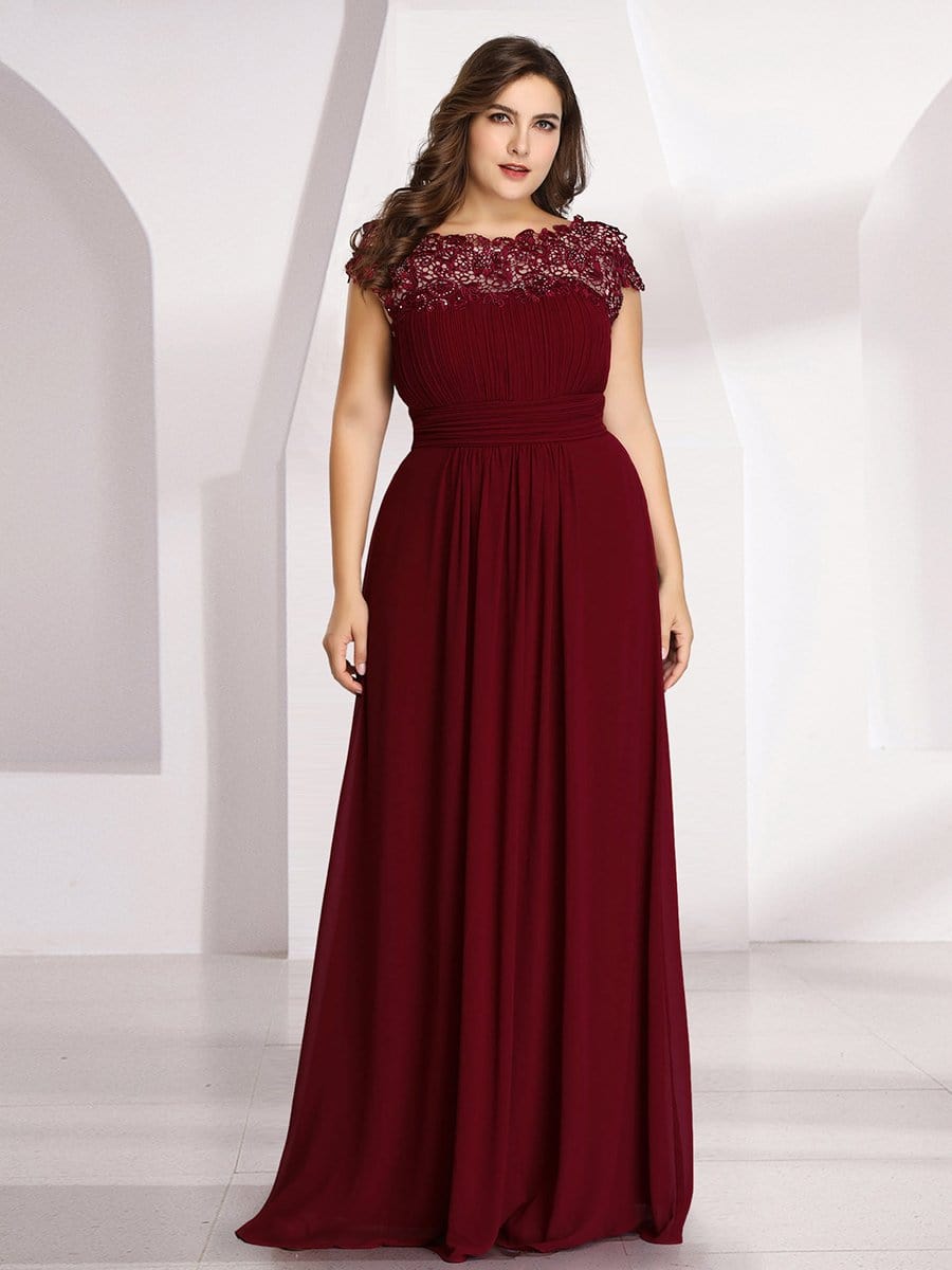 Plus Size Maxi Long Formal Lace Cap Sleeve Evening Dress #color_Burgundy 