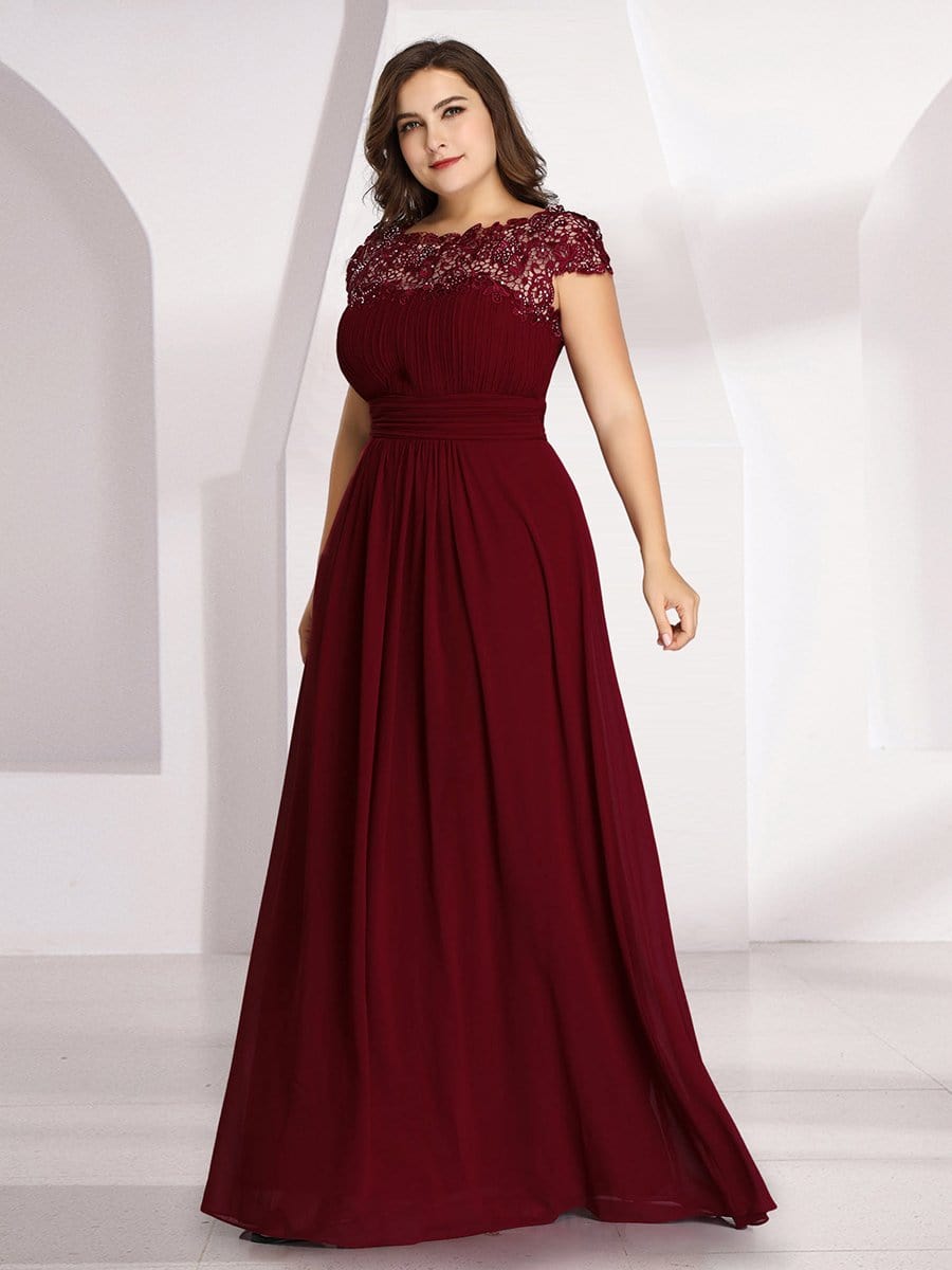 Plus Size Maxi Long Formal Lace Cap Sleeve Evening Dress #color_Burgundy 