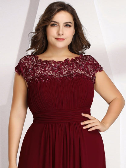 Elegant Lace Cap Sleeve Maxi Long Chiffon Bridesmaid Dress #color_Burgundy 