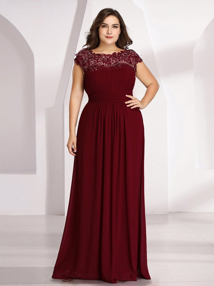 Elegant Lace Cap Sleeve Maxi Long Chiffon Bridesmaid Dress #color_Burgundy 