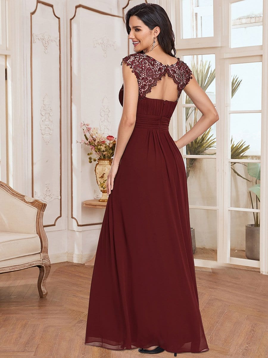 Elegant Lace Cap Sleeve Maxi Long Chiffon Bridesmaid Dress #color_Burgundy 