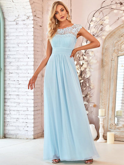 Elegant Lace Cap Sleeve Maxi Long Chiffon Bridesmaid Dress #color_Sky Blue 