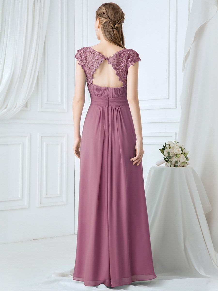 Elegant Lace Cap Sleeve Maxi Long Chiffon Bridesmaid Dress #color_Purple Orchid 