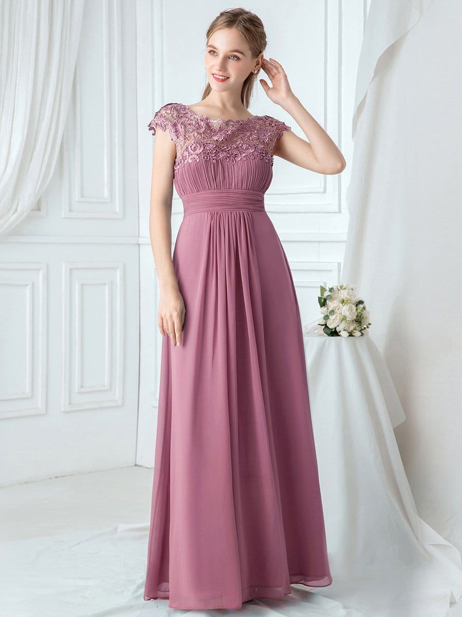 Elegant Lace Cap Sleeve Maxi Long Chiffon Bridesmaid Dress #color_Purple Orchid 