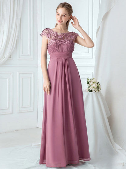 Elegant Lace Cap Sleeve Maxi Long Chiffon Bridesmaid Dress #color_Purple Orchid 