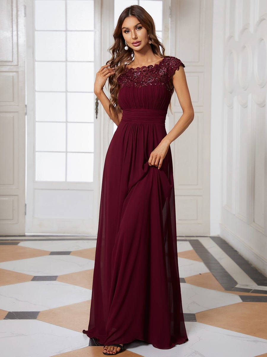 Elegant Maxi Long Lace Cap Sleeve Bridesmaid Dress #color_Burgundy 