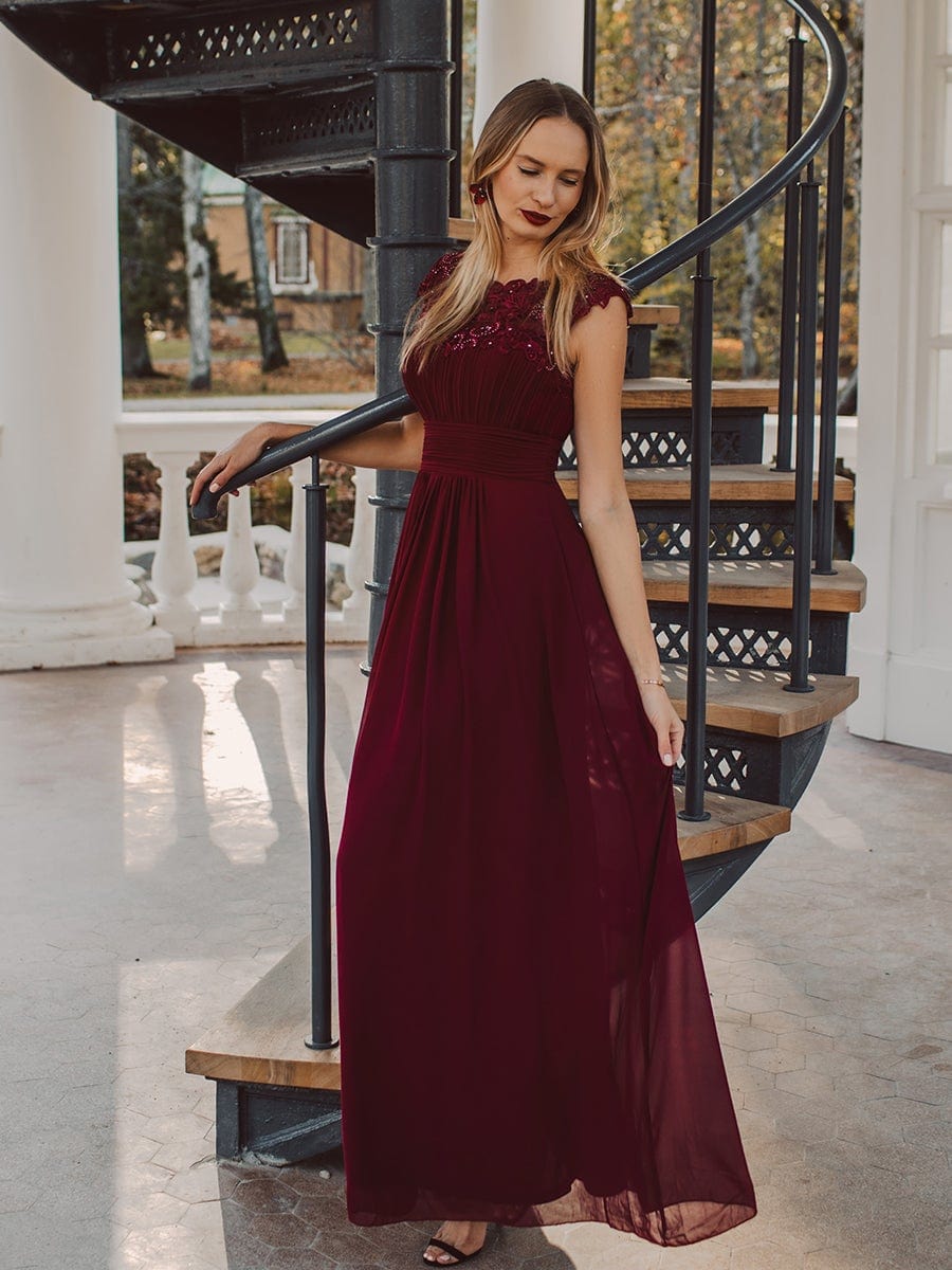 Elegant Maxi Long Lace Cap Sleeve Bridesmaid Dress #color_Burgundy 