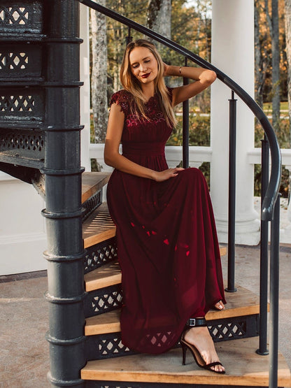 Elegant Maxi Long Lace Cap Sleeve Bridesmaid Dress #color_Burgundy 