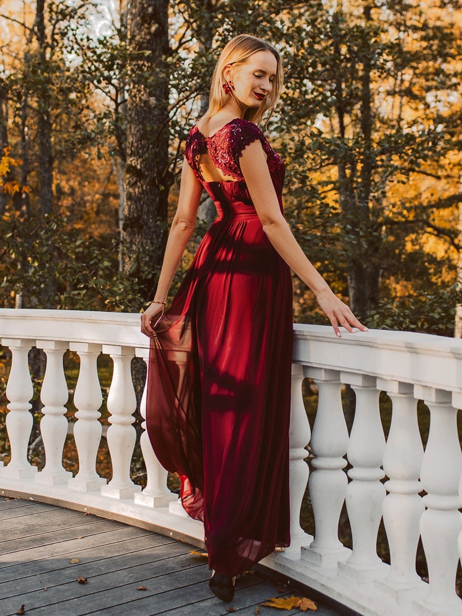 Elegant Maxi Long Lace Cap Sleeve Bridesmaid Dress #color_Burgundy 