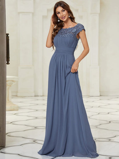 Elegant Maxi Long Lace Cap Sleeve Bridesmaid Dress #color_Dusty Navy 