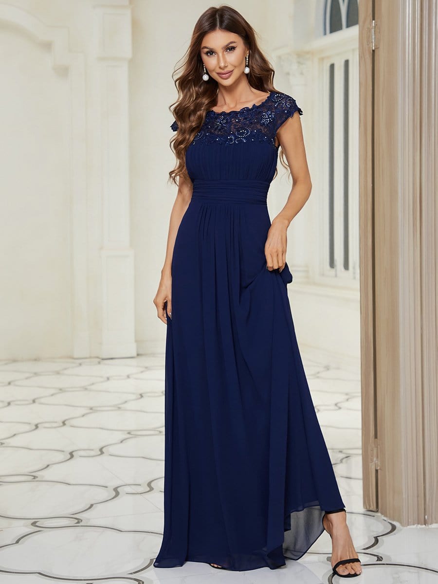 Elegant Maxi Long Lace Cap Sleeve Bridesmaid Dress #color_Navy Blue 