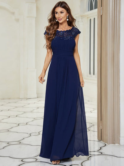 Elegant Maxi Long Lace Cap Sleeve Bridesmaid Dress #color_Navy Blue 