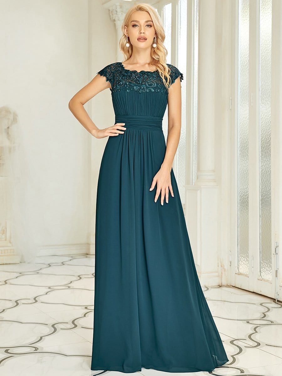 Classic Maxi Long Lace Cap Sleeve Bridesmaid Dress #color_Teal 