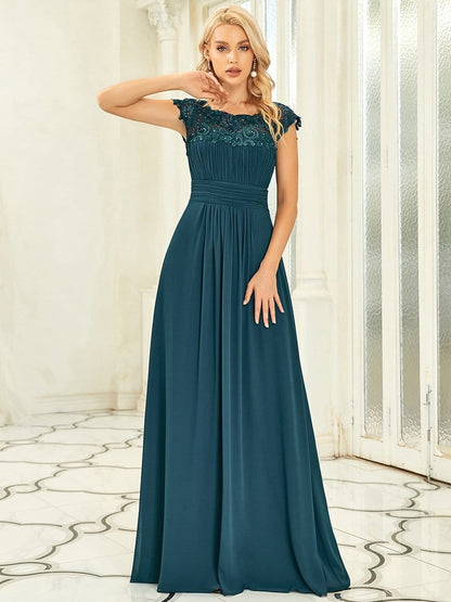 Classic Maxi Long Lace Cap Sleeve Bridesmaid Dress #color_Teal 