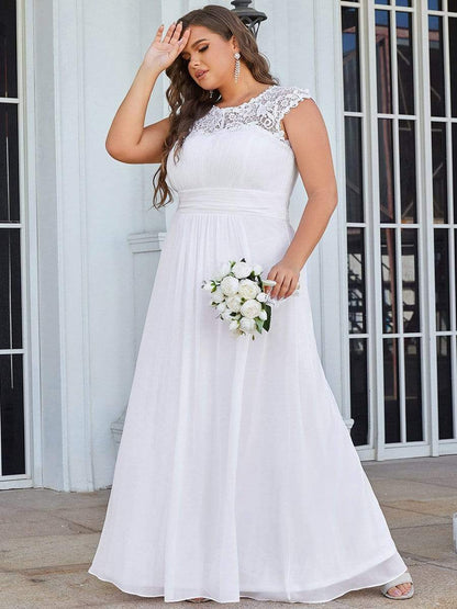 Plus Size Elegant Maxi Long Lace Cap Sleeve Bridesmaid Dress #color_White 