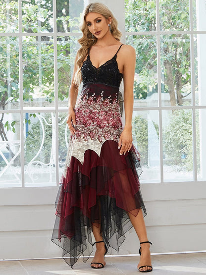 Women's V Neck Multi Color Asymmetrical Hems Prom Dress #color_Burgundy